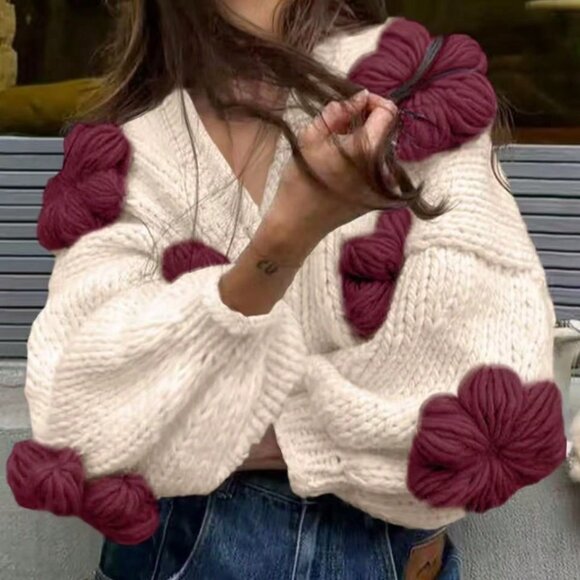 White And Red Boho Women's Jacquard Floral Patchwork Knit Cardigan - Picture 3 of 6